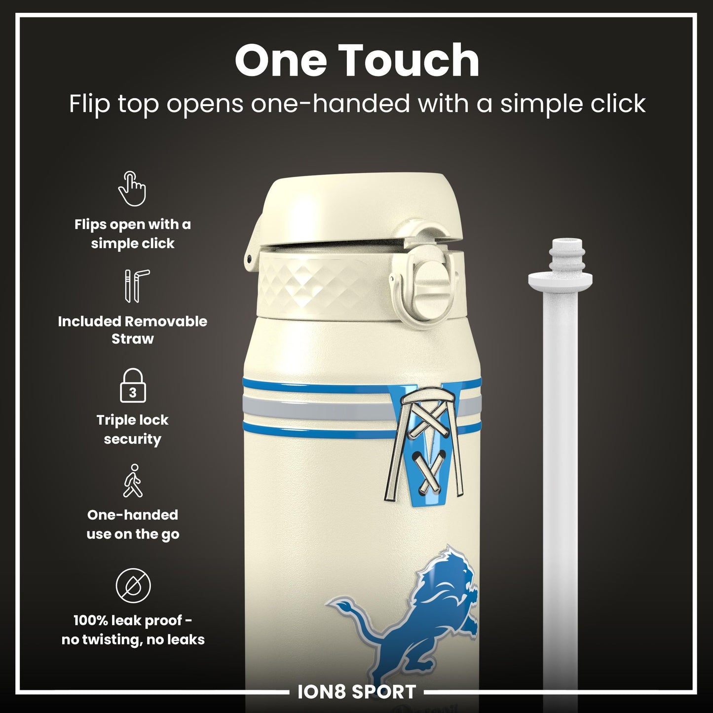 NFL x ION8 Insulated Steel Water Bottle, NFL Lions, 750ml (24oz)