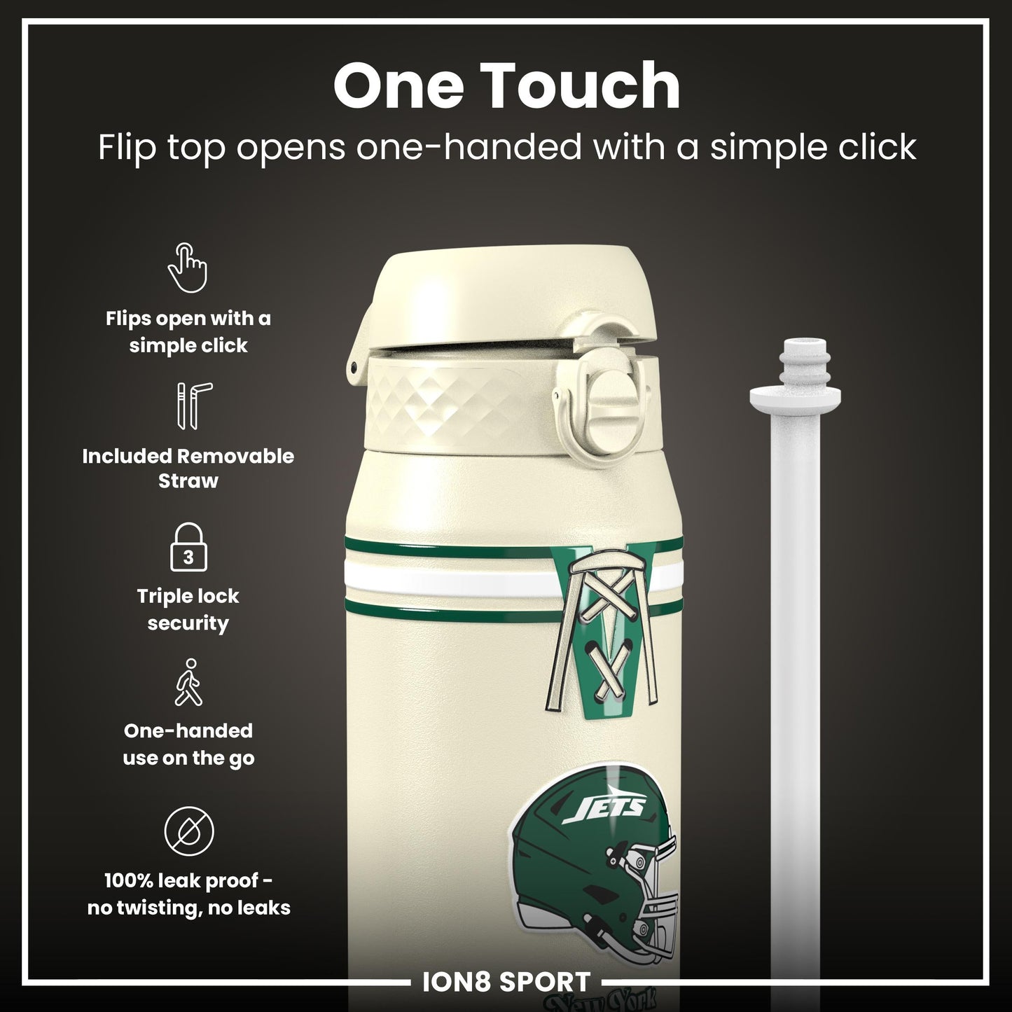 NFL x ION8 Insulated Steel Water Bottle, NFL Jets, 750ml (24oz)
