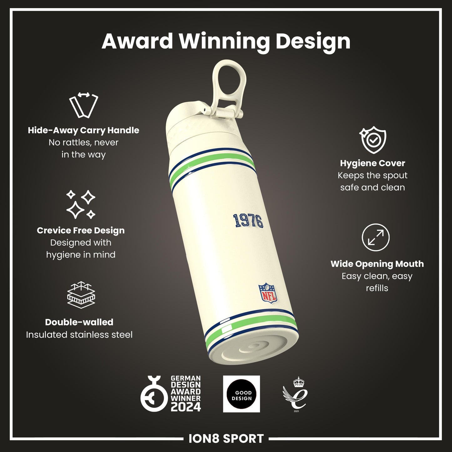 NFL x ION8 Insulated Steel Water Bottle, NFL Seahawks, 750ml (24oz)