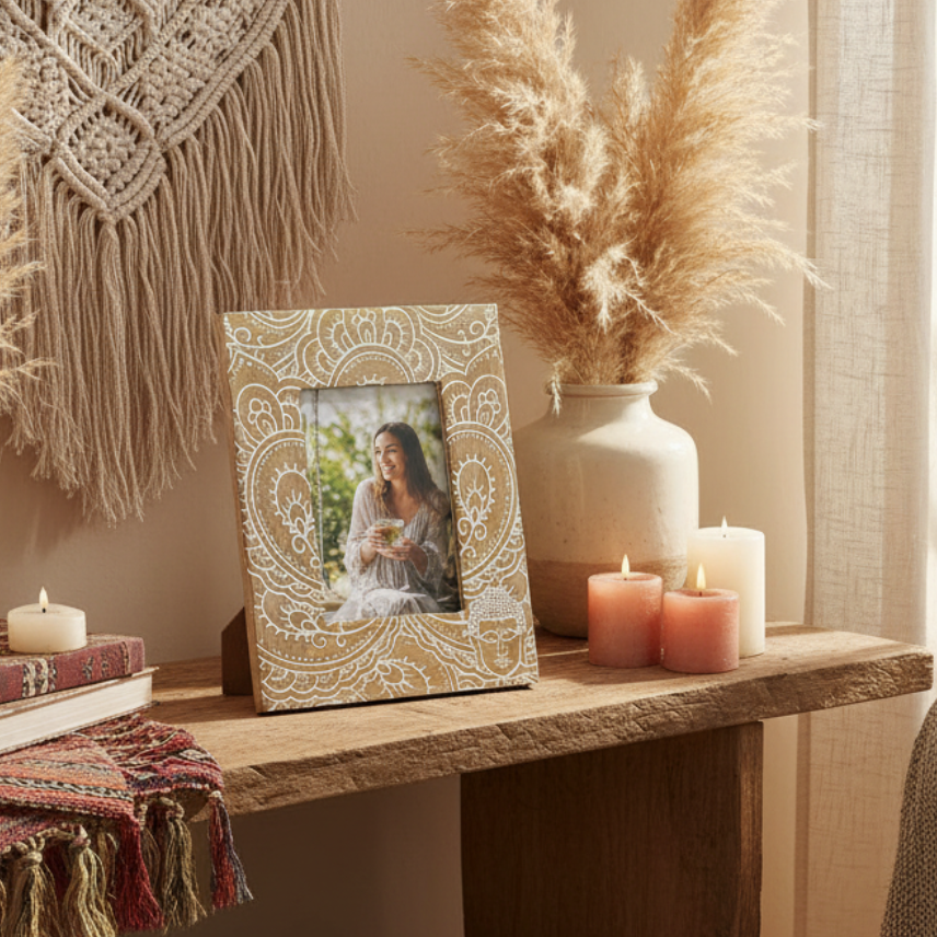 Large White Buddha Mango Wood Photo Frame 13x18cm