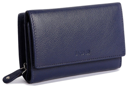 SADDLER PAULA Handmade Leather Trifold Purse – RFID Protected | 8 Card Slots, ID Window & Rear Zip Pocket | Gift Boxed