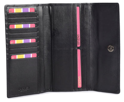 SADDLER CLAIRE Long Leather Trifold Purse - 18 Card Slots, Dual Zip Pockets, and Note Sections - RFID Protected