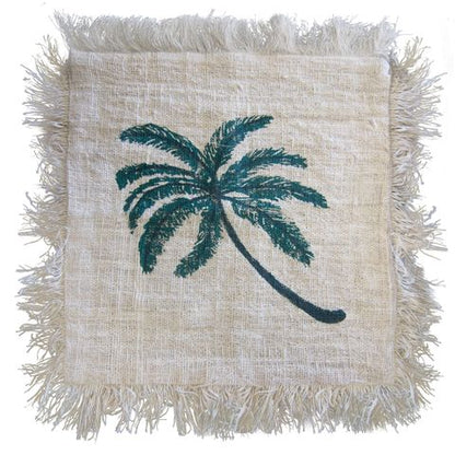 Linen Cushion Cover 45x45cm Palm Tree  with Fringe
