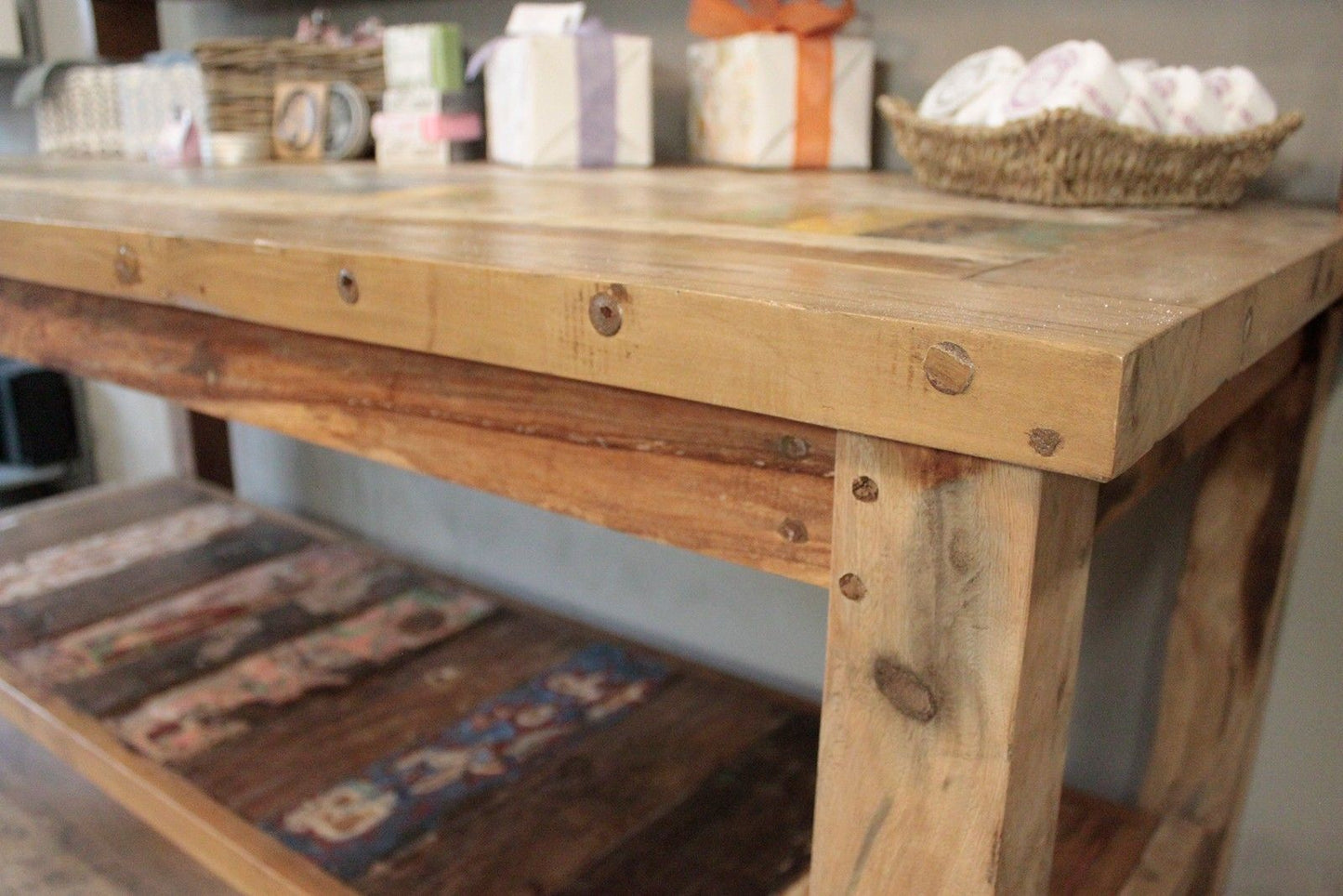 Recycled Teak Wood Dining Table with Top Shelf  220×80x80cm