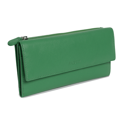 SADDLER CLAIRE Long Leather Trifold Purse - 18 Card Slots, Dual Zip Pockets, and Note Sections - RFID Protected