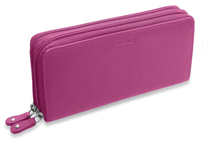 SADDLER GABRIELLA Leather Double Zip Around Purse - 8 Card Slots, Phone Pocket, and Coin Purse - RFID Protected