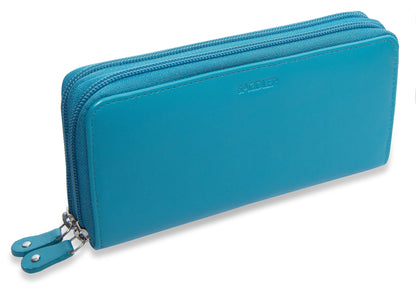 SADDLER GABRIELLA Leather Double Zip Around Purse - 8 Card Slots, Phone Pocket, and Coin Purse - RFID Protected