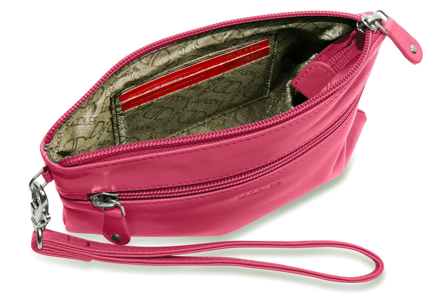 SADDLER SCARLETT Leather Zip Top Mini Clutch - Phone Holder with Detachable Wrist Strap - RFID Protected
