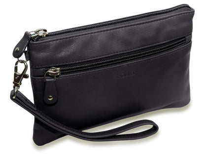 SADDLER SCARLETT Leather Zip Top Mini Clutch - Phone Holder with Detachable Wrist Strap - RFID Protected