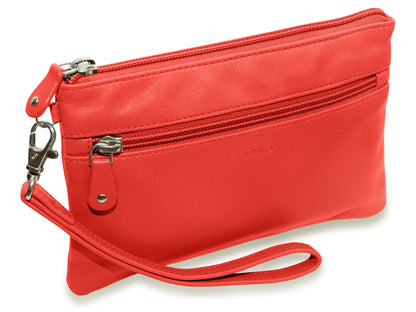SADDLER SCARLETT Leather Zip Top Mini Clutch - Phone Holder with Detachable Wrist Strap - RFID Protected