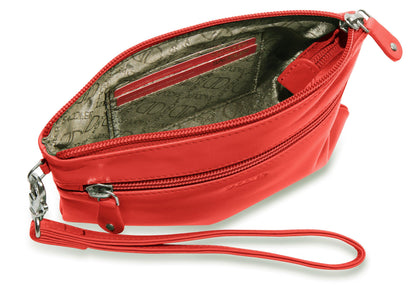 SADDLER SCARLETT Leather Zip Top Mini Clutch - Phone Holder with Detachable Wrist Strap - RFID Protected